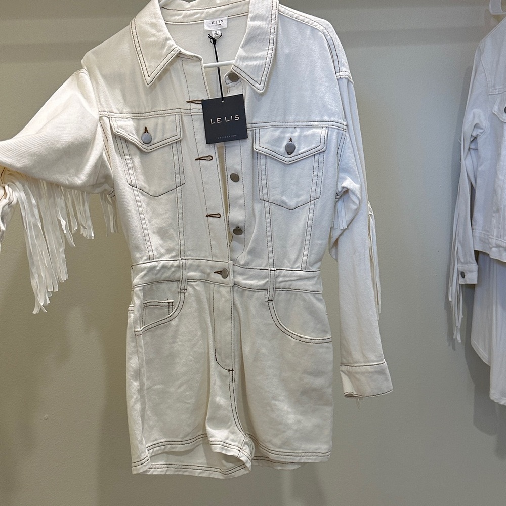 Le Lis Cream Fringe Denim Romper